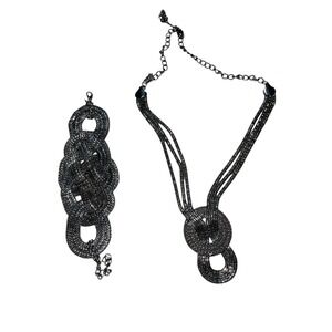 Gun Metal Mesh Knot Y2K Necklace & Bracelet Set Fashion Jewelry‎